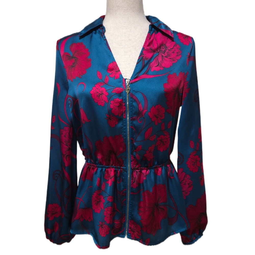 Thalia Sodi Floral Zip Front Peplum Blouse Blue Pink Satin Long Sleeve Small